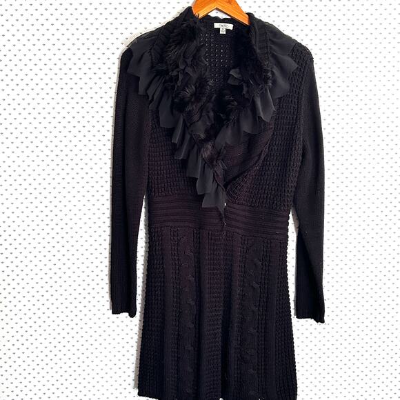 Vintage Cache Duster Sweater M Black Ruffle Fur Cardigan Fairy Goth Shawl Collar - Picture 1 of 6